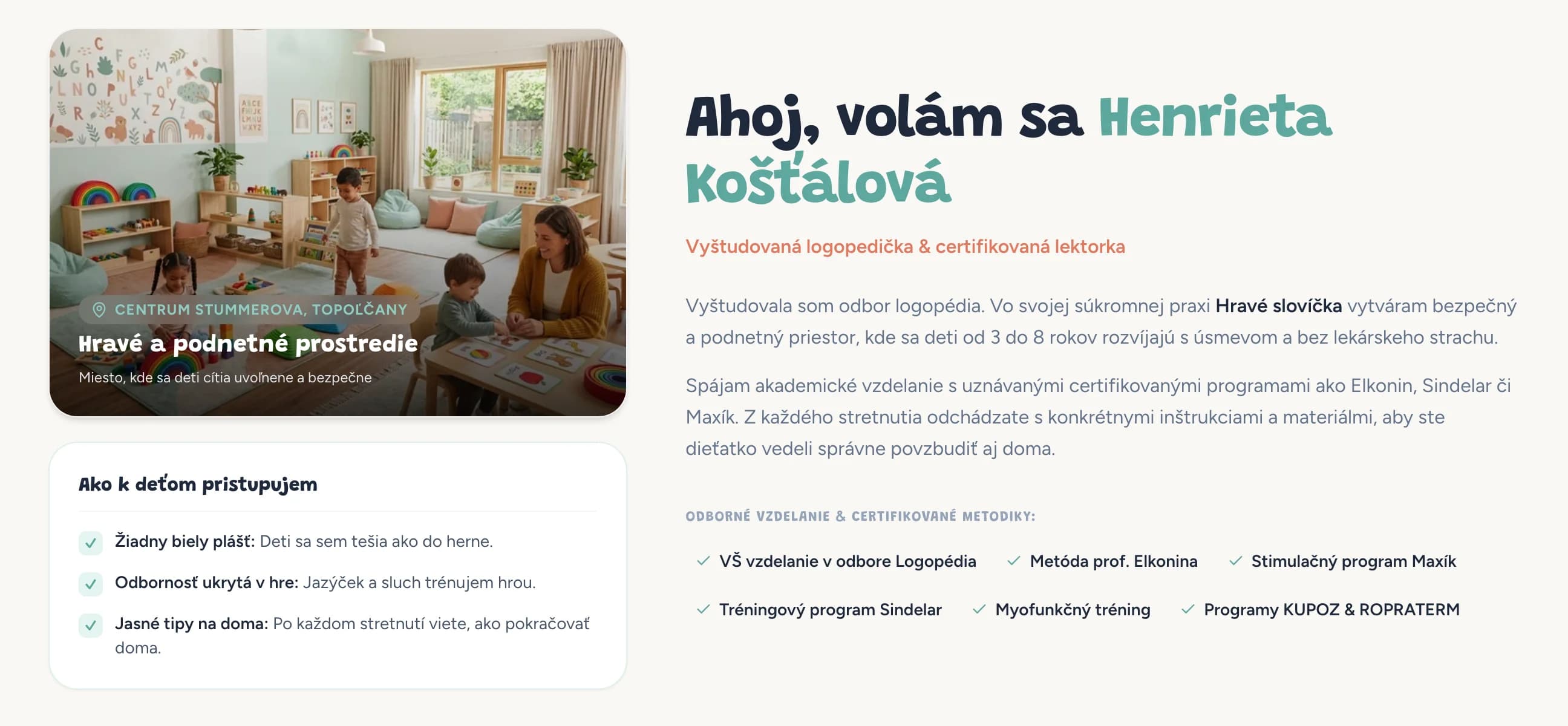 Sekce O mně s fotkou prostředí centra a představením Henriety Košťálové
