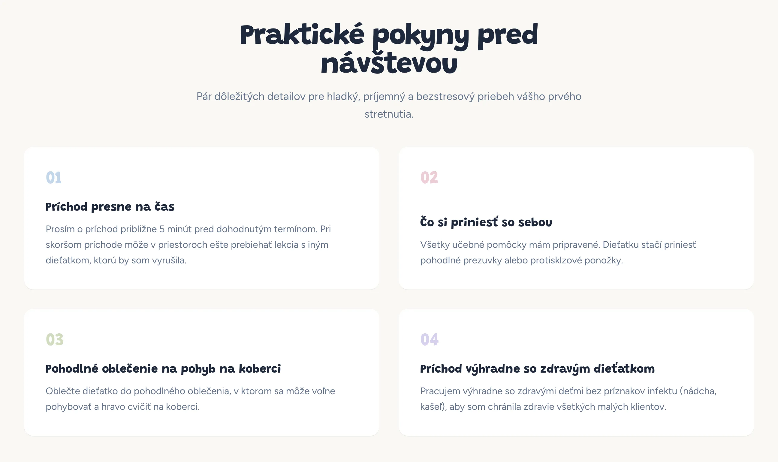 Sekce Praktické pokyny pred návštevou se čtyřmi pokyny pro rodiče